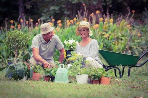 Green waste bins and planters at Canary Wharf eco-friendly disposal area