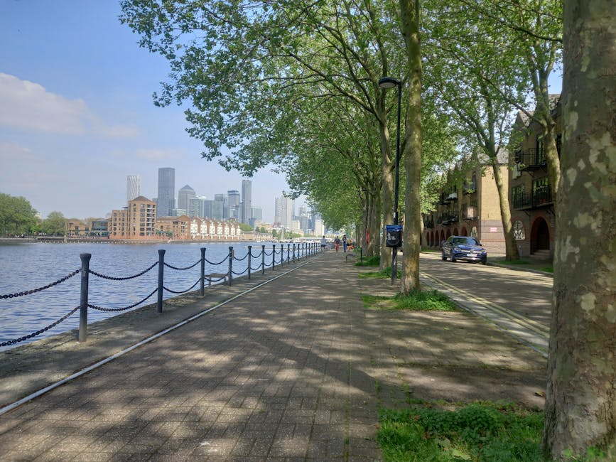 A scenic riverside promenade in West India Quay, Canary Wharf, lined with tall deciduous trees with fresh green leaves, providing dappled shade on the paved walkway. To the right, there are residentia